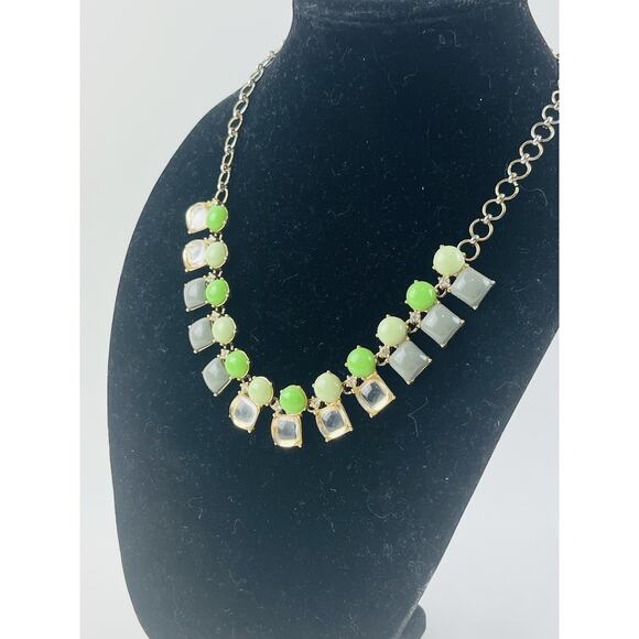J.Crew Statement Necklace Chunky Lime Green Grey Rhinestones Transparent Squares - Picture 5 of 12